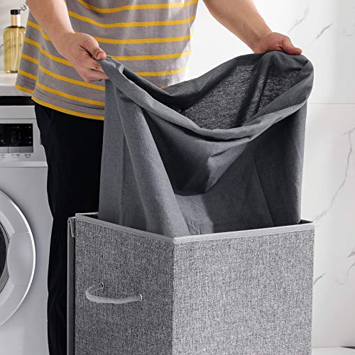 85L Laundry Hamper, Linenette Fabric Laundry Basket, Clothes Hamper with Magnetic Lid and Handles, Foldable, Removable Liner Bag, Grey