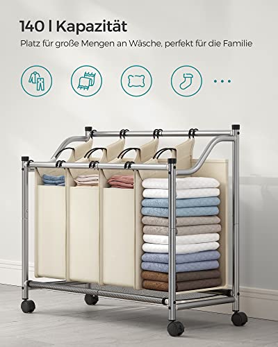 Rolling Laundry Sorter, Laundry Basket with 4 Removable Bags, Laundry Hamper, Laundry Trolley, for Laundry Room, Bedroom, Bathroom, 4 x 35L, Beige