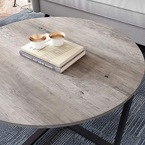 Round Coffee Table, Industrial Style Cocktail Table, Durable Metal Frame, Easy To Assemble, for Living Room, Bedroom, Greige and Black