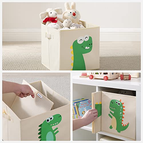 Storage Boxes, Set of 3, Storage Baskets, Toy Storage, Fabric Boxes, 30 x 30 x 30 cm, Foldable, with Handles, Bedroom, Playroom, Dinosaurs, Beige