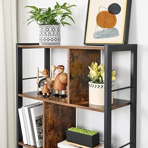 Bookshelf, Living Room Bookcase, Large 4-Tier Storage Shelf, for Office Study, Industrial Style, Easy Assembly, Steel Frame, Rustic Brown and Black