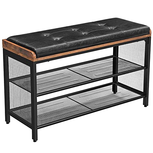 Shoe Bench Padded Bench with Mesh Shelf Shoe Rack 80 x 30 x 48 cm Hallway Bedroom Metal Space Saving Industrial Design Faux Leather Vintage Brown Black