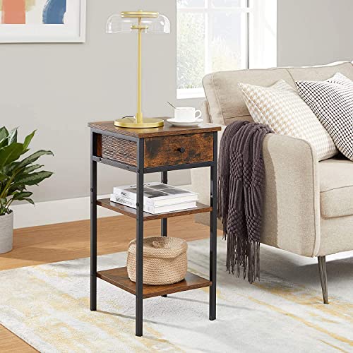 Nightstand, End Table, Tall Bedside Table with a Drawer and 2 Storage Shelves, Space Saving, Industrial Accent Table, Rustic Brown and Black