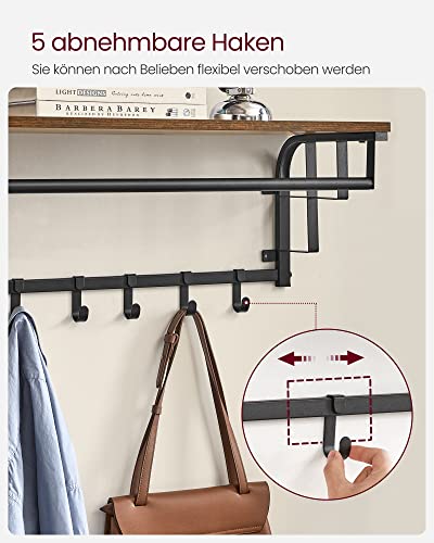 Coat Rack Wall-Mounted, Clothes Rail with 5 Removable Coat Hooks, Floating Shelf with Hanging Rail, for Hallway, Bedroom, Living Room, Rustic Brown and Black