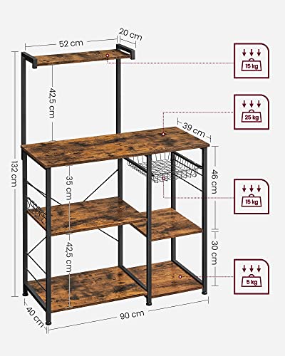 Baker’s Rack with Shelves, Microwave Stand with Wire Basket, 6 S-Hooks, Kitchen Shelf, Utility Storage for Spices, Pots, and Pans, Rustic Brown