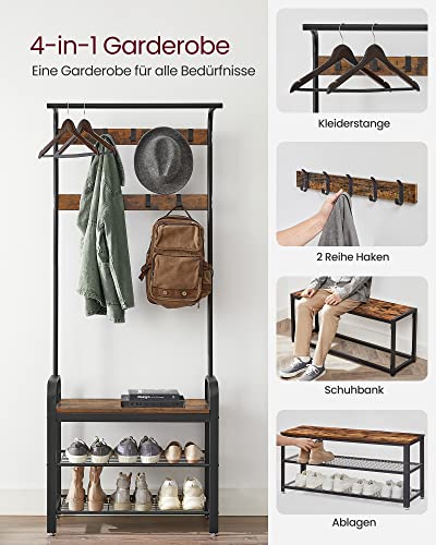 Coat Rack, Coat Stand with Shoe Storage Bench, 4-in-1 Design, with 9 Removable Hooks, a Clothes Rail, for Hallway, Entrance, 33.7 x 77 x 183 cm, Industrial, Rustic Brown and Black