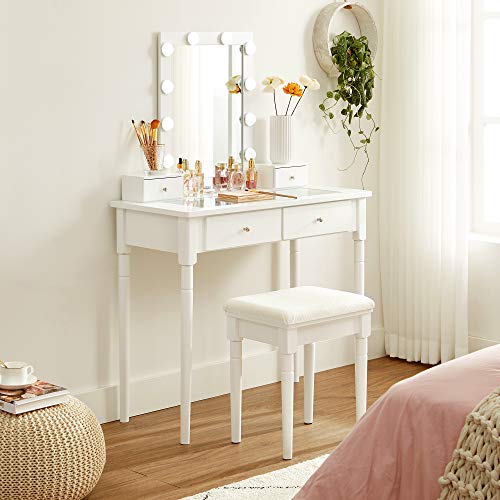 Dressing Table Set, Padded Stool and 10 Dimmable Bulbs, 2 Large and 2 Small Drawers, Transparent Tempered Glass Tabletop, Gift Idea, White