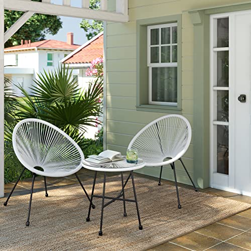 Garden Patio Furniture Set 3 Pieces, Acapulco Chair, Outdoor Seating, Glass Top Table and 2 Chairs, Indoor and Outdoor Conversation Set, White