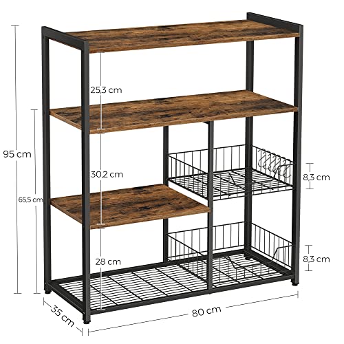 Baker’s Rack, Kitchen Island with 2 Metal Mesh Baskets, Shelves and Hooks, 80 x 35 x 95 cm, Industrial Style, Rustic Brown