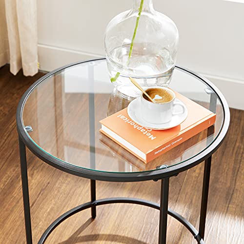 Round Side Table, Small Coffee Table, Tempered Glass End Table with Steel Frame, Bedside Table, Living Room, Balcony, Black