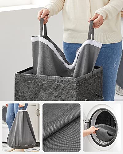 85L Laundry Basket, Wash Basket with Magnetic Lid and Handles, Laundry Hamper, Collapsible, Linen-Look Fabric, Removable Liner Bag, Dark Grey