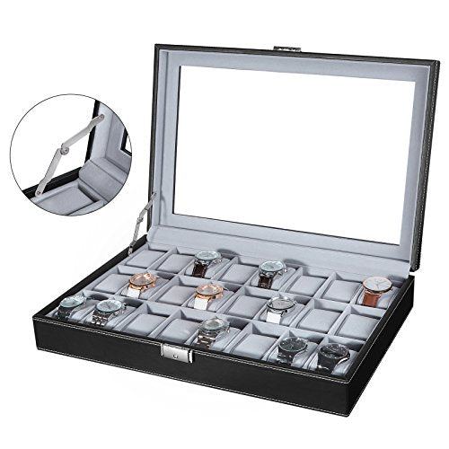 Watch Box, Lockable Watch Case, Watch Storage Box with 24 Slots, Glass Lid, Gift for Loved Ones, Black Synthetic Leather, Grey Lining