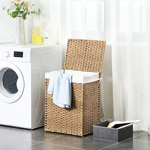 Handwoven Laundry Basket, 90L Synthetic Rattan Clothes Hamper with Lid and Handles, Foldable, Removable Liner Bag, Natural