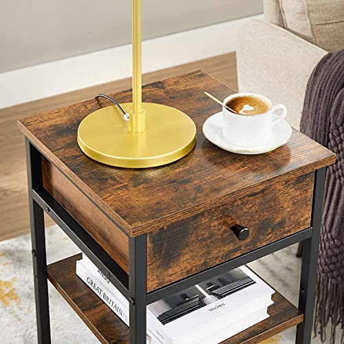 Nightstand, End Table, Tall Bedside Table with a Drawer and 2 Storage Shelves, Space Saving, Industrial Accent Table, Rustic Brown and Black