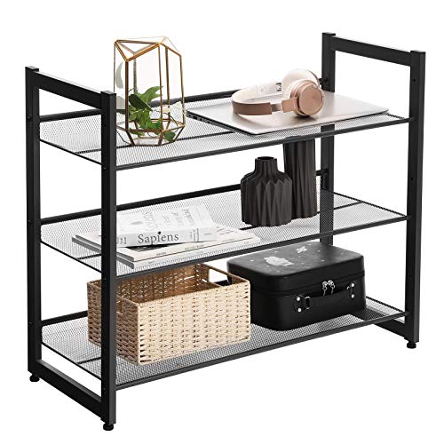 3-Tier Shoe Rack Storage, Steel Mesh, Flat or Angled Stackable Shoe Shelf Stand for 9 to 12 Pairs of Shoes, Black