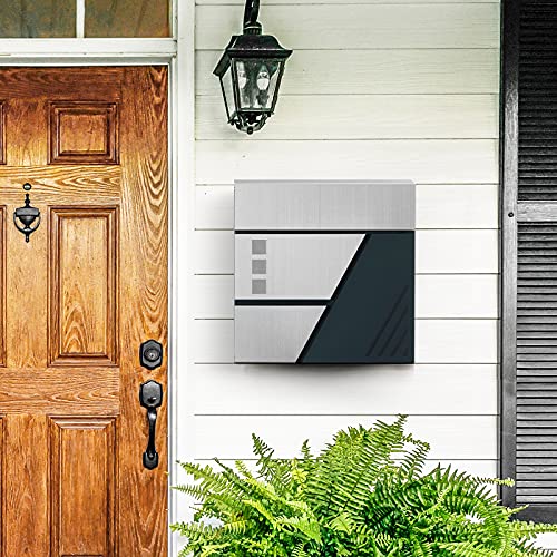 Mailbox, Wall-Mounted Letter Box with Viewing Windows, Stainless Steel for Porch and Front Door, with Lock and Keys, Silver and Anthracite Grey