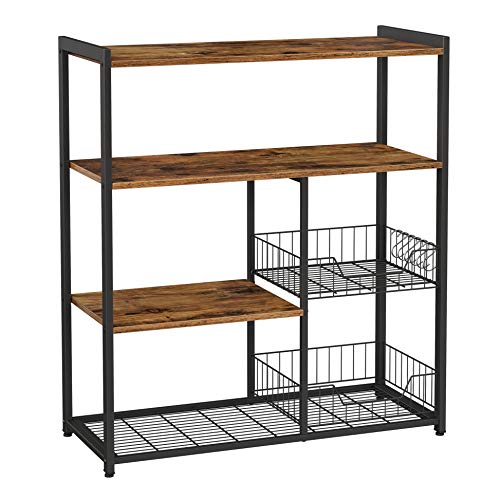 Baker’s Rack, Kitchen Island with 2 Metal Mesh Baskets, Shelves and Hooks, 80 x 35 x 95 cm, Industrial Style, Rustic Brown