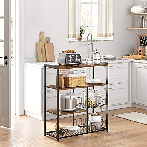 Baker’s Rack, Kitchen Island with 2 Metal Mesh Baskets, Shelves and Hooks, 80 x 35 x 95 cm, Industrial Style, Rustic Brown