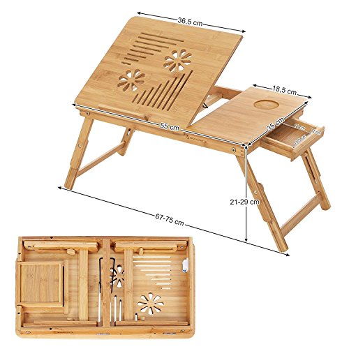 Bamboo Laptop Desk, Foldable Bed Table, Height Adjustable Sofa Tray, with 5 Tilting Angles, Air Holes, Small Drawer, 55 x 35 x (21 - 29) cm