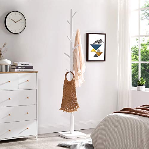 Coat Rack, Solid Wood Coat Stand, Free Standing Hall Coat Tree with 8 Hooks for Coats, Hats, Bags, Purses, for Entryway, Hallway, Rubberwood Hooks and Pole, White