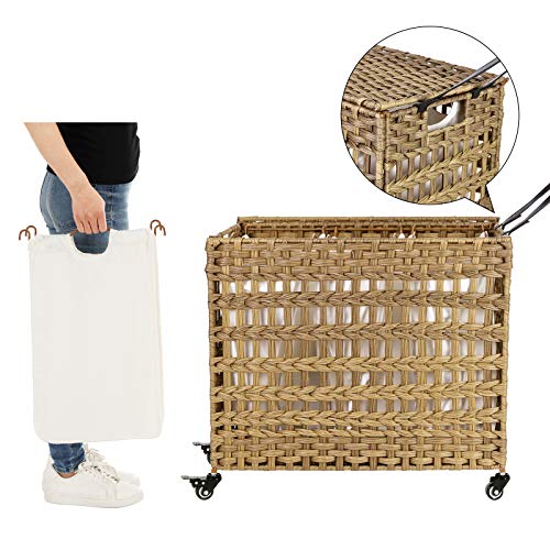 Handwoven Laundry Basket with Lid, Rattan-Style Laundry Hamper with 3 Separate Compartments, Handles, Removable Liner Bags, for Living Room, Bathroom, Laundry Room, Natural