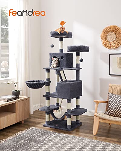 Large Cat Scratching Post M Cat Scratching Post 168 cm High Cat Tree with 13 Scratching Posts 1 Scratching Ramp 2 Platforms 2 Caves Basket Hammock Pompoms for Large Cats Smoke Grey