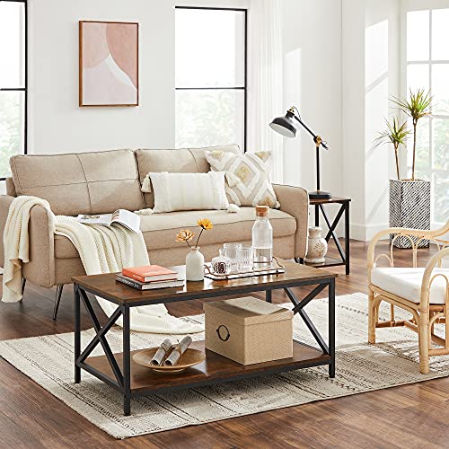 Coffee Table, Cocktail Table with X-Shape Steel Frame and Storage Shelf, 100 x 55 x 45 cm, Industrial Farmhouse Style, Rustic Brown and Black