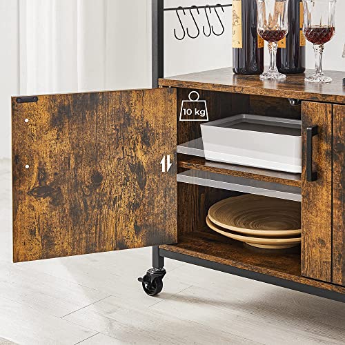 Sideboard, Kitchen Island, Baker’s Rack with Wheels, Food Trolley with Doors, 8 Hooks, Storage Shelves, 80 x 35 x 80 cm, Industrial Kitchen Cupboard, Rustic Brown and Black