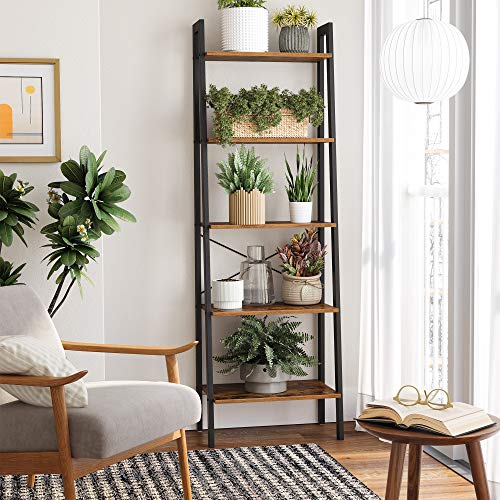 Ladder Shelf, 5-Tier Industrial Bookcase, Storage Unit, with Metal Frame, for Living Room, Kitchen, Rustic Brown