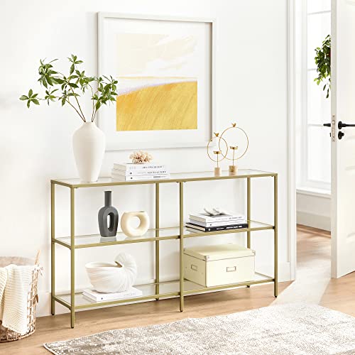 Console Table, Sofa Table with 3 Shelves, Tempered Glass Shelf, 130 x 30 x 73.3 cm, Metal Frame, Modern, for Hallway Living Room Bedroom, Gold Colour