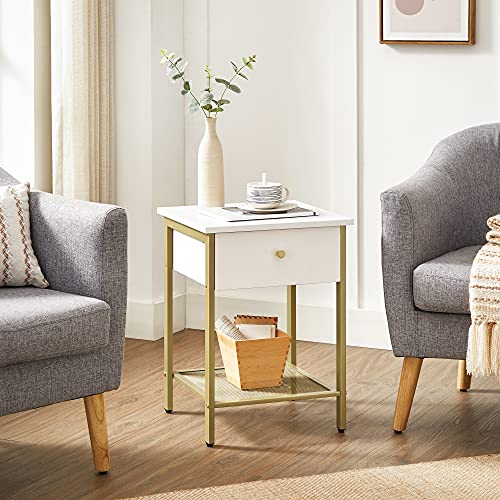 Bedside Table with Drawer and Mesh Shelf for Bedroom Living Room Modern White Gold