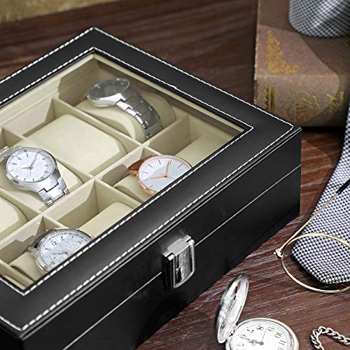 Watch Box with 10 Slots, Watch Case with Glass Lid, Watch Display Box with Removable Watch Pillows, Metal Clasp, Gift Idea, Black Synthetic Leather, Greenish Beige Lining