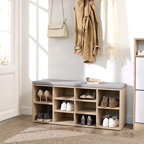 Shoe Bench, Shoe Shelf, Storage Cabinet, 10 Compartments, with Cushion, for Entryway, 104 x 30 x 48 cm, Oak Colour