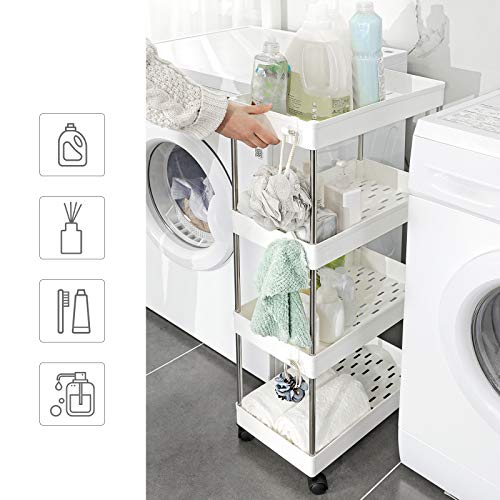 4-Tier Storage Trolley, Rolling Cart with Wheels, Space-Saving Kitchen Trolley in Office Bathroom, 40 x 22 x 86 cm, White