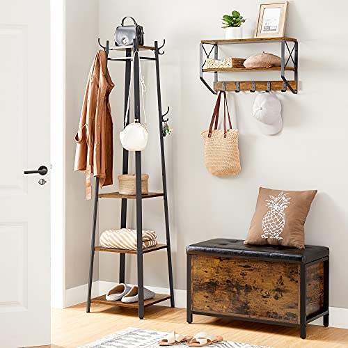 Coat Rack, Coat Stand with 3 Shelves, Ladder Shelf with Hooks for Scarves, Bags and Umbrellas, Steel Frame, Industrial Style, Rustic Brown and Black