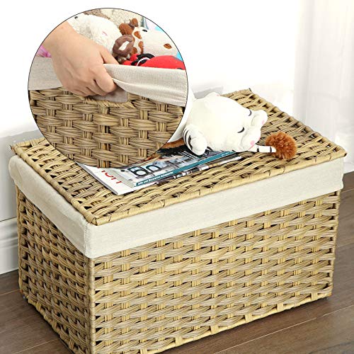 Rattan-Style Storage Box, Indoor Storage Basket, 65L Landry Hamper, Decorative Bin with Lid Liner Handles, Storage Trunk, Rectangular, Bedroom Closet Laundry Room, Natural