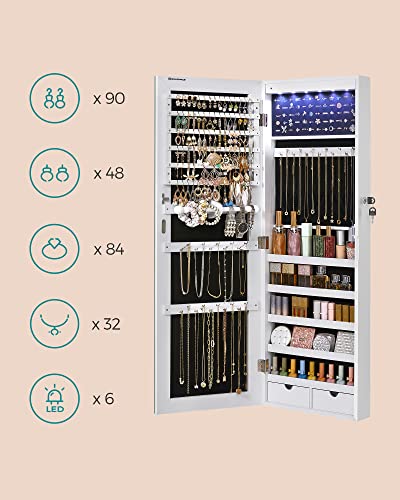 Frameless Mirrored Jewellery Cabinet Armoire, 6 LEDs Jewellery Organiser Wall Hanging or Door Mounted, Large Capacity with 2 Drawers, White