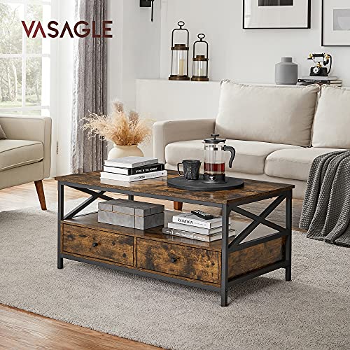 Coffee Table, Living Room Table, with 2 Drawers and Open Storage Shelf, X Shaped Steel Frame, 100 x 55 x 45 cm, Industrial Style, Rustic Brown and Black