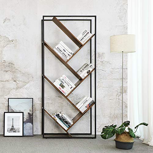 Bookcase, Industrial Tree-Shaped Bookshelf, Floor Standing Ladder Shelf in Living Room, Room Divider, Easy Assembly, 178.5 cm Tall, Steel, Rustic Brown