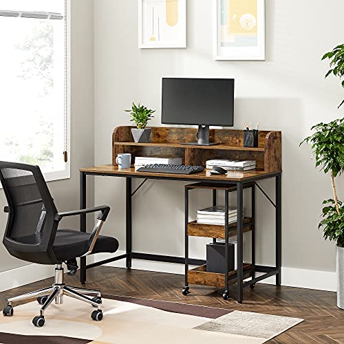 Computer Desk, Writing Study Desk with Monitor Stand, Cable Hole, 3-Tier Rolling Cart, Steel Frame, Industrial Style, Rustic Brown and Black