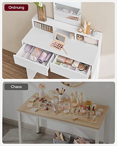 Dressing Table with Large Rectangular Mirror, Makeup Table with 2 Drawers and 3 Open Compartments, Vanity Table, Modern Style, White