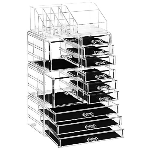 4 in 1 XXL Makeup Organiser, Makeup Box with 11 Drawers and 15 Compartments in Different Sizes, Non-Slip Pads, for Cosmetics and Jewellery, Transparent