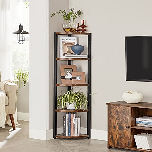 5-Tier Corner Shelf, Multipurpose Storage Shelf, Plant Stand, for Living Room, Bedroom, Home Office, Studio, Industrial, Rustic Brown and Black