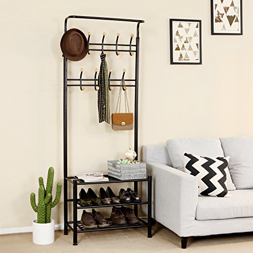 Coat Stand with 3 Shoe Racks with 18 Hooks Tube Diameter 32 mm, Metal, Black, 68.8 x 35.2 x 187 cm