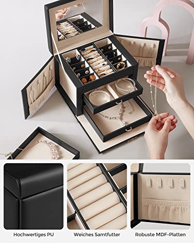 Jewellery Box, Jewellery Organiser 4 Levels, Lockable Jewellery Storage Case with Trays, Velvet Lining, Black