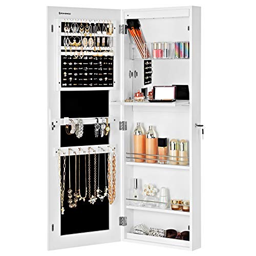 Jewellery Cabinet, Frameless Extra Wide Mirrored Storage Stand, Jewellery organiser with Hooks and Built-in Mirror, Makeup, Lockable