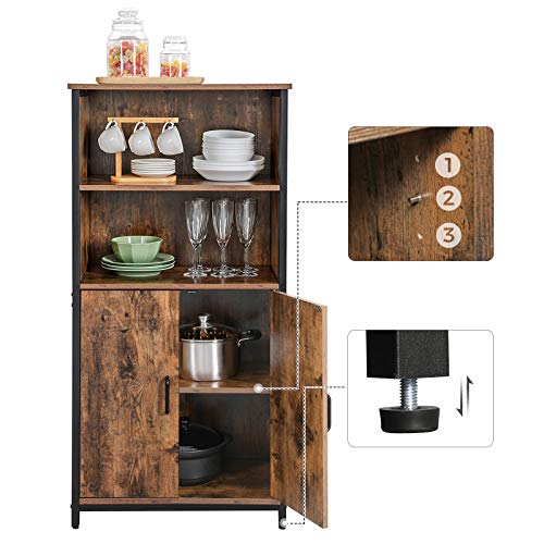 Floor Standing Cabinet, Storage Cabinet, Kitchen Cupboard with 2 Open Compartments, 1 Adjustable Shelf Behind Doors, Multifunctional, Industrial Style, Rustic Brown and Black