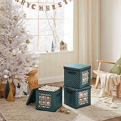 Christmas Bauble Storage Boxes, Set of 3 Storage Cube Bins for Christmas Decorations, 64 Box Places, Modular Dividers, 30.5 x 30.5 x 30.5 cm, Green