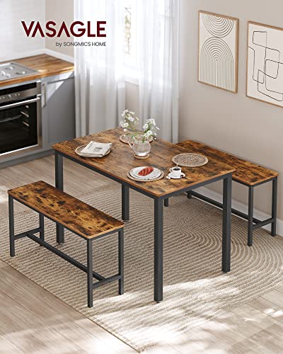 Dining Table with 2 Benches, 3 Pieces Set, Kitchen Table of 110 x 70 x 75 cm, 2 Benches of 97 x 30 x 50 cm Each, Steel Frame, Industrial Design, Rustic Brown and Black