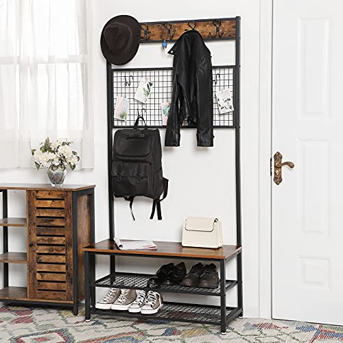 Coat Rack Stand, Industrial Shoe Rack and Bench with Grid Memo Board, 9 Hooks, and Storage Shelves, Hall Tree with Stable Metal Frame, Rustic Brown